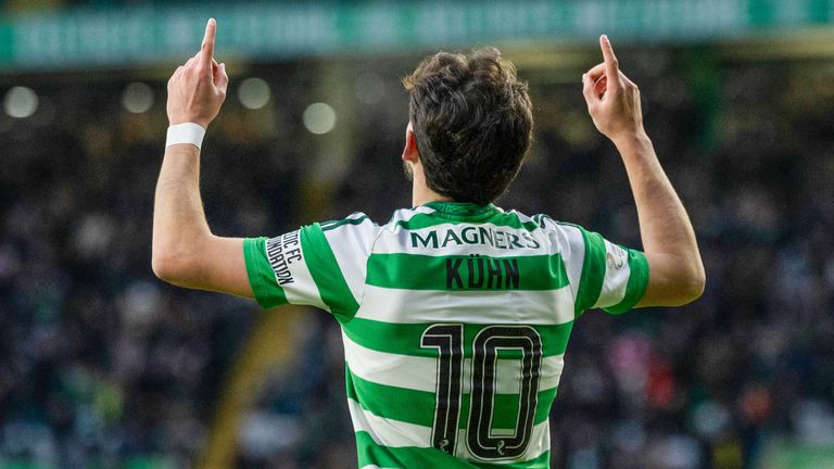 Celtic's Nicolas Kuhn celebrates after scoring to make it 1-0