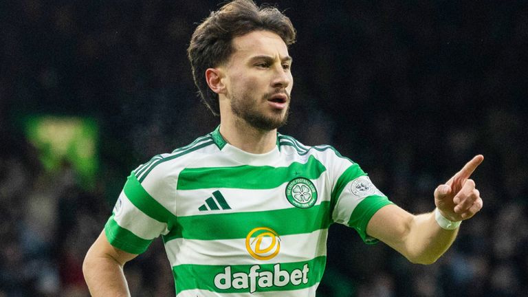 GLASGOW, SCOTLAND - JANUARY 05: Celtic's Nicolas Kuhn celebrates after scoring to make it 1-0 during a William Hill Premiership match between Celtic and St Mirren at Celtic Park, on January 05, 2025, in Glasgow, Scotland. (Photo by Ross MacDonald / SNS Group)