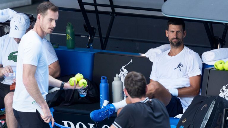 Novak Djokovic and his new coach Andy Murray at a practice session prior to the start of the 2025 Australian Open