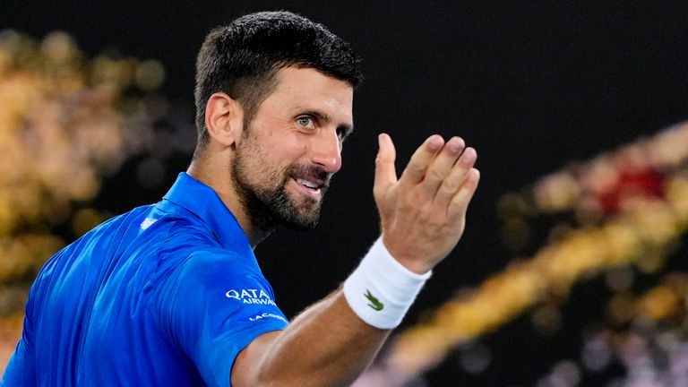 Novak Djokovic of Serbia reacts after defeating Jaime Faria of Portugal in their second round match at the Australian Open tennis championship in Melbourne, Australia, Wednesday, Jan. 15, 2025. (AP Photo/Vincent Thian)