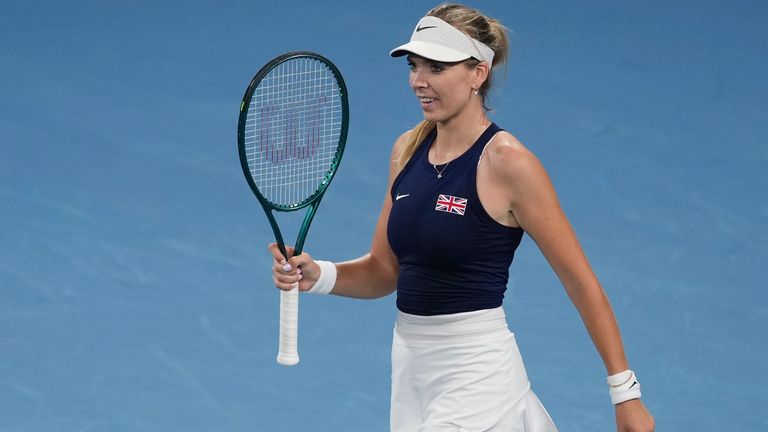 Britain's Katie Boulter reacts following her win over Australia's Olivia Gadecki during their match at the United Cup tennis tournament in Sydney, Australia, Wednesday, Jan. 1, 2025. (AP Photo/Mark Baker)