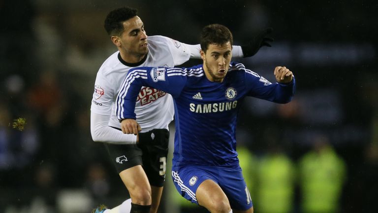 Eden Hazard of Chelsea skips past Omar Mascarell of Derby County - Capital One Cup Quarter Final - Derby vs Chelsea - iPro Stadium - Derby - England - 16th December 2014