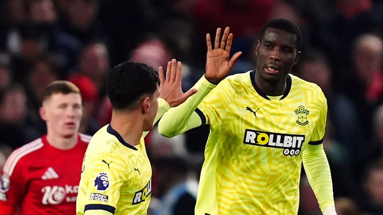 Southampton player Paul Onuachu celebrates scoring his team's second goal in the match