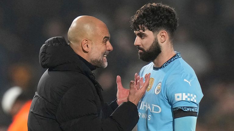 Pep Guardiola speaks with Josko Gvardiol after the Brentford game