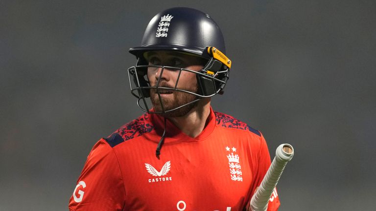 England's Phil Salt leaves the field after losing his wicket during the first T20 cricket match between India and England at the Eden Gardens in Kolkata, India, Wednesday, Jan. 22, 2025. (AP Photo/Bikas Das)