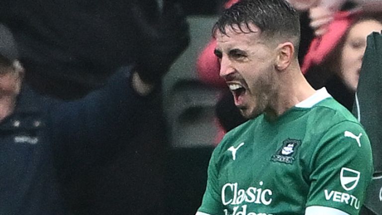 Plymouth's Julio Pleguezuelo celebrates scoring their late equaliser against Bristol City in the Championship