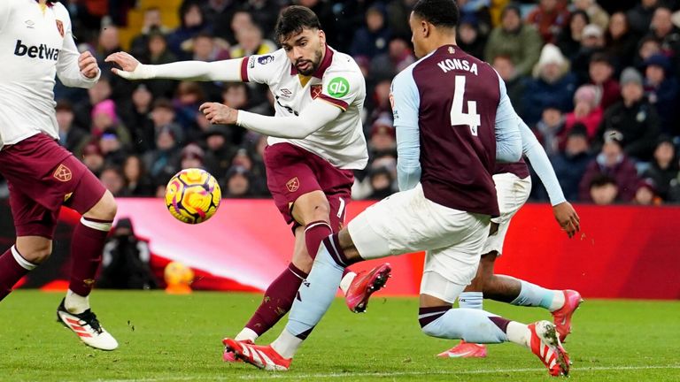 Lucas Paqueta shoots narrowly wide at Villa Park