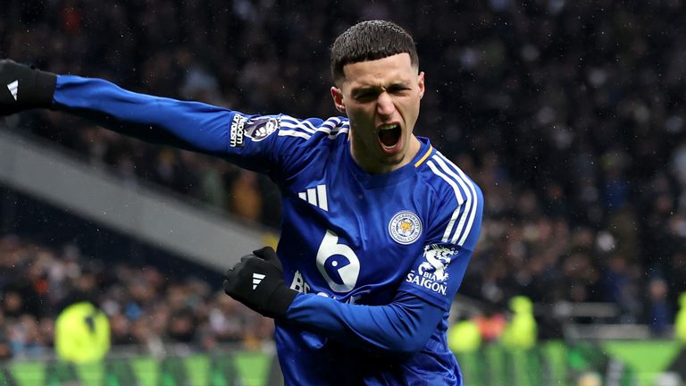 Bilal El Khannouss celebrates after scoring to give Leicester a 2-1 lead at Spurs