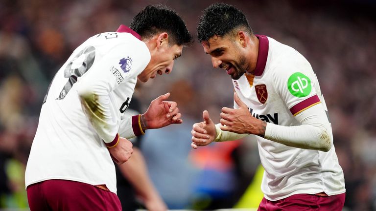 Emerson celebrates with team-mate Edson Alvarez after scoring West Ham's equalizer at Villa Park