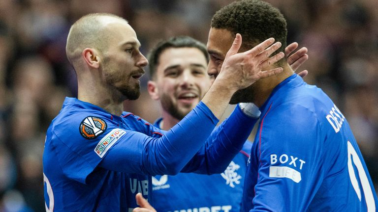 GLASGOW, SCOTLAND - JANUARY 30: Rangers' Valcalv Cerny celebrates with Cryiel Dessers after scoring to make it 2-0 during a UEFA Europa League 2024/25 League Phase MD8 match between Rangers and Royale Union Saint-Gilloise at Ibrox Stadium, on January 30, 2025, in Glasgow, Scotland. (Photo by Alan Harvey / SNS Group)