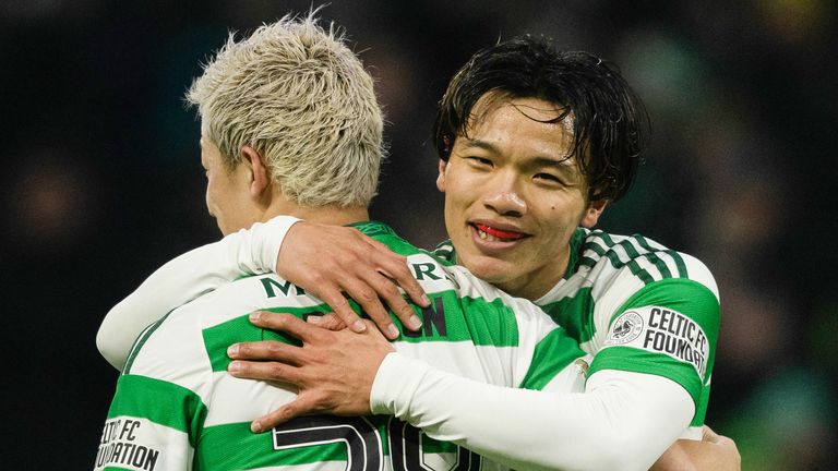 Celtic's Reo Hatate celebrates with Daizen Maeda after scoring to make it 2-0 