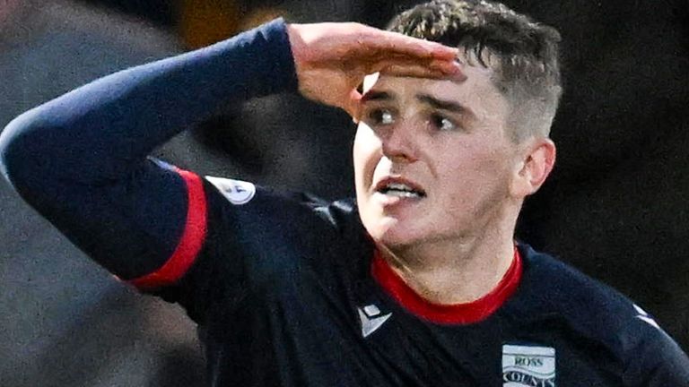 DINWALL, SCOTLAND - JANUARY 25: Ronan Hale of Ross County celebrates as he saves a penalty to make it 1-1 during the William Hill Premiership match between Ross County at the Global Energy Stadium on January 25, 2025 in Dingwall, Scotland. (Photo byb Casey / SNS group)