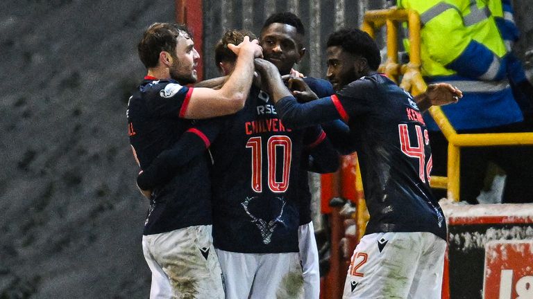 ABERDEEN, SCOTLAND - JANUARY 02: Ross County's Noah Chilvers (C) celebrates scoring to make it 2-1 with teammates (L-R) Connor Randall and Nohan Kenneh during a William Hill Premiership match between Aberdeen and Ross County at Pittodrie, on January 02, 2025, in Aberdeen, Scotland.  (Photo by Rob Casey / SNS Group)