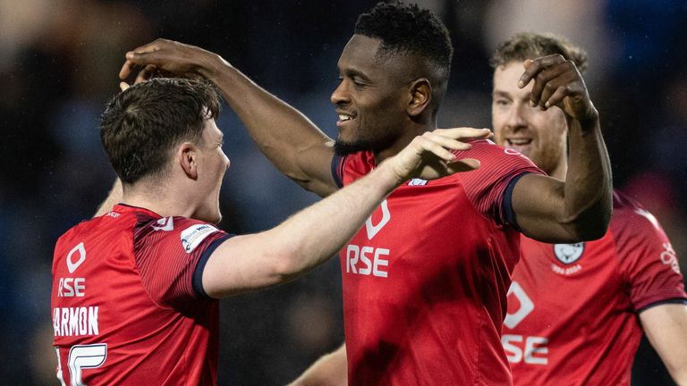 KILMARNOCK, SCOTLAND - JANUARY 05: Ross County's Akil Wright (R) at full time during a William Hill Premiership match between Kilmarnock and Ross County at The BBSP Stadium Rugby Park, on January 05, 2025, in Kilmarnock, Scotland.  (Photo by Roddy Scott / SNS Group)