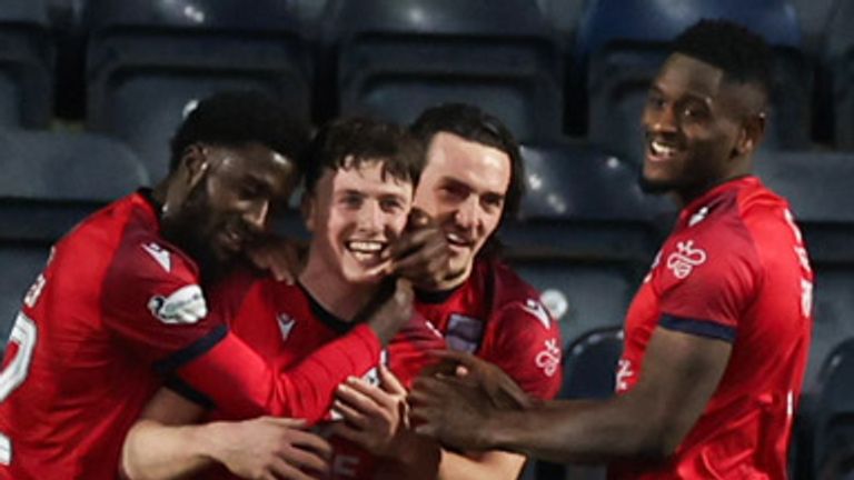 KILMARNOCK, SCOTLAND - JANUARY 05: Ross County's George Harmon (second from left) celebrates after scoring to make it 1-0 during a William Hill Premiership match between Kilmarnock and Ross County at The BBSP Stadium Rugby Park, on January 05, 2025, in Kilmarnock, Scotland.  (Photo by Roddy Scott / SNS Group)