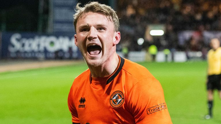 Dundee United's Sam Dalby celebrates after scoring to make it 2-1 during a William Hill Premiership match between Dundee and Dundee United at the Scot Foam Stadium at Dens Park, on January 02, 2025, in Dundee, Scotland.  (Photo by Paul Devlin / SNS Group)