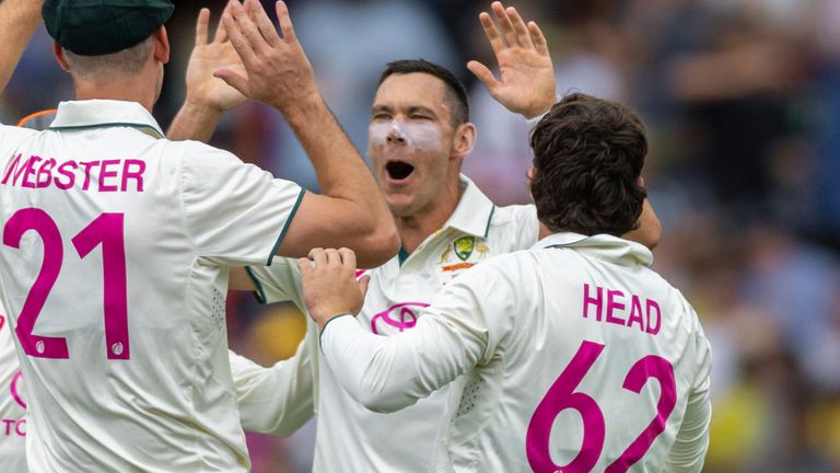 SYDNEY, AUSTRALIA - JANUARY 03: Scott Boland of Australia is congratulated by his team mates after taking a wicket during day one of the fifth NRMA Insurance Test match of Border Gavaskar trophy between Australia and India at the Sydney Cricket Ground on January 03, 2025 in Sydney, Australia. (Photo by Santanu Banik/Speed Media/Icon Sportswire) (Icon Sportswire via AP Images)