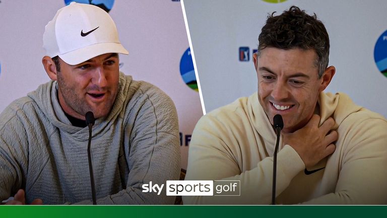 Rory McIlroy laughs at Scottie Scheffler