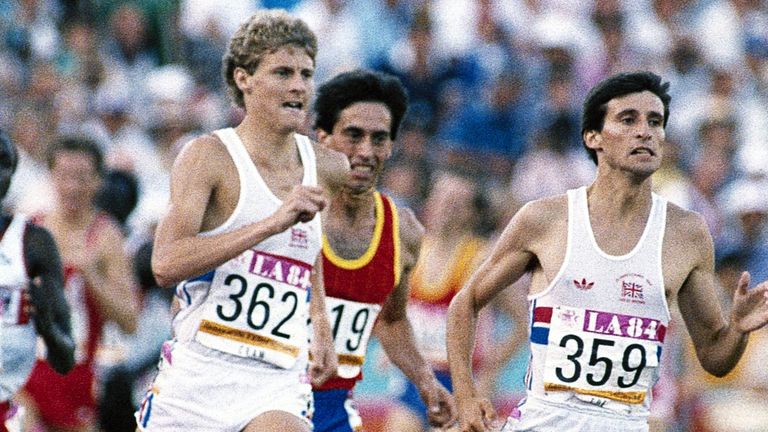 Britain's Sebastian Coe drives compatriot Steve Cram to the final 1,500 -meter match of men at the Los Angeles Summer Olympics, California, USA on August 11, 1984. CoE won the 32 -minute Olympic record. (AP photo)