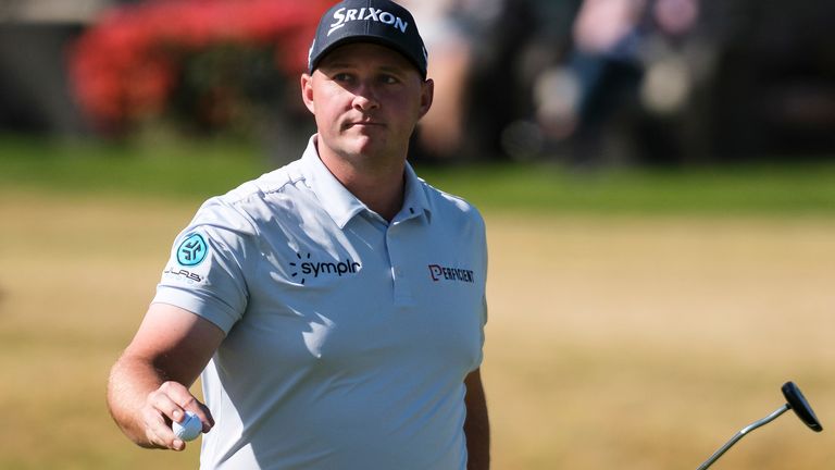 Sepp Straka reacts after making a birdie putt on the fourth hole at the Pete Dye Stadium Course during the final round of the American Express golf tournament in La Quinta, Calif., Sunday, Jan. 19, 2025. (AP Photo/William Liang)