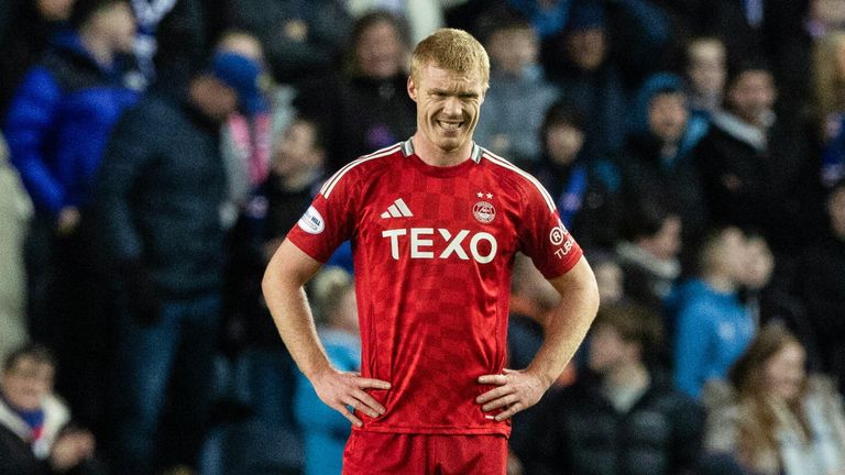 GLASGOW, SCOTLAND - JANUARY 15: Aberdeen's Sivert Heltne Nilsen looks dejected after Rangers take the lead during a William Hill Premiership match between Rangers and Aberdeen at Ibrox Stadium, on January 15, 2025, in Glasgow, Scotland.  (Photo by Craig Williamson / SNS Group)