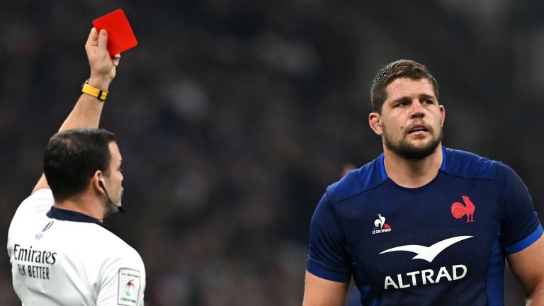 Paul Willemse of France reacts after being shown a red card by Referee Karl Dickson