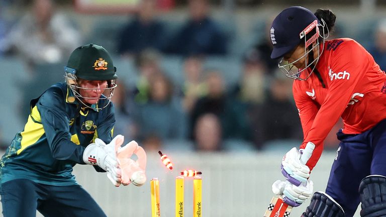 Sophia Dunkley bowled for 32 by Megan Schutt in England's run chase