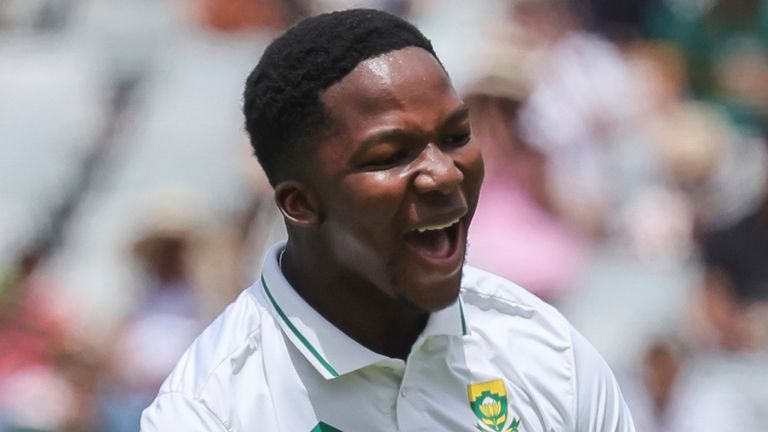 South Africa's Kwena Maphaka celebrates his first Test wicket after dismissing Pakistan's Babar Azam (Associated Press)