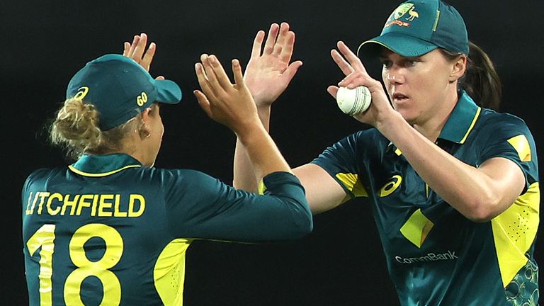 Tahlia McGrath celebrates with Phoebe Litchfield as Australia dismiss Danni Wyatt-Hodge in the second Women's Ashes T20