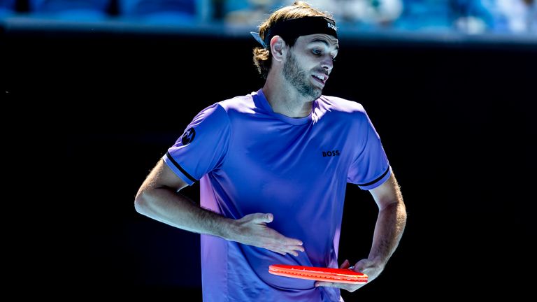 MELBOURNE, VIC - JANUARY 16: Taylor Fritz of the USA plays during the second round of the 2025 Australian Open on January 16, 2025, at Melbourne Park in Melbourne, Australia. (Photo by Jason Heydrich/Icon Sportswire) (Icon Sportswire via AP Images)