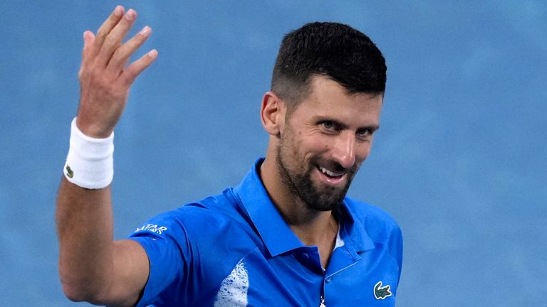 Novak Djokovic of Serbia gestures during a fourth round match against Jiri Lehecka of the Czech Republic at the Australian Open tennis championship in Melbourne, Australia, Sunday, Jan. 19, 2025. (AP Photo/Mark Baker)