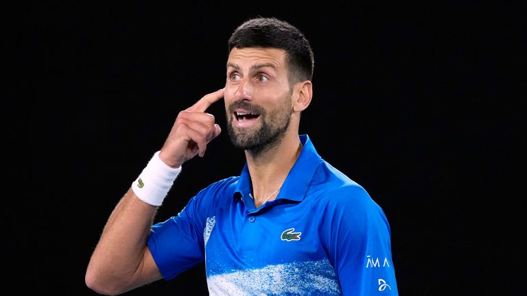 Novak Djokovic of Serbia reacts during his fourth-round match against Jiri Lehica of the Czech Republic at the Australian Open tennis tournament in Melbourne, Australia, Sunday, January 19, 2025. (AP Photo/Asanka Brendon Ratnayake)