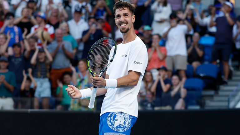 Thanasi Kokkinakis of Australia celebrates winning match point in the Men's Singles First Round match against Roman Safiullin during day two of the 2025 Australian Open at Melbourne Park on January 13, 2025 in Melbourne, Australia. (Photo by Daniel Pockett/Getty Images)