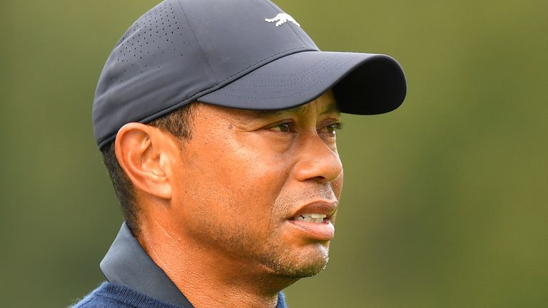 PACIFIC PALISADES, CA - FEBRUARY 16: Tiger Woods looks on during the second round of the Genesis Invitational on February 16, 2024, at Riviera Country Club in Pacific Palisades, CA. (Photo by Brian Rothmuller/Icon Sportswire) (Icon Sportswire via AP Images) 