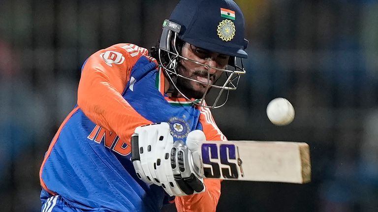 India's Tilak Varma plays a shot during the second T20 cricket match between India and England at M. A. Chidambaram Stadium in Chennai, India, Saturday, Jan. 25, 2025. (AP Photo/Mahesh Kumar A.)