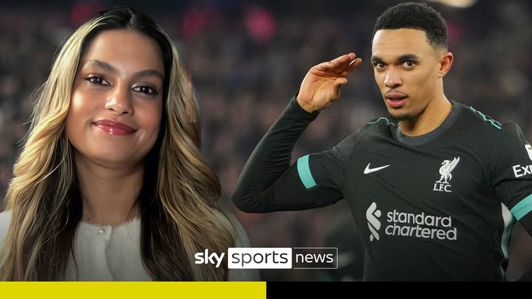 Liverpool&#39;s Trent Alexander-Arnold celebrates after scoring his side&#39;s fourth goal during the English Premier League soccer match between West Ham United and Liverpool at the London Stadium in London, Sunday, Dec. 29, 2024. (AP Photo/Kirsty Wigglesworth)