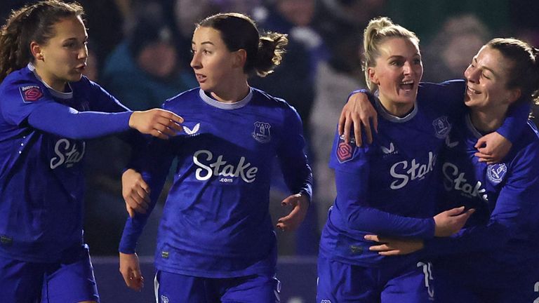 Veatriki Sarri of Everton celebrates with teammates after scoring her team's first goal during the Barclay's Women's Super League match between Everton and Aston Villa at Walton Hall Park on January 18, 2025 in Liverpool, England.