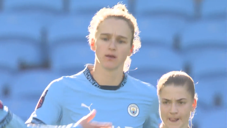 Vivianne Miedema is congratulated after equalising for Man City at Aston Villa