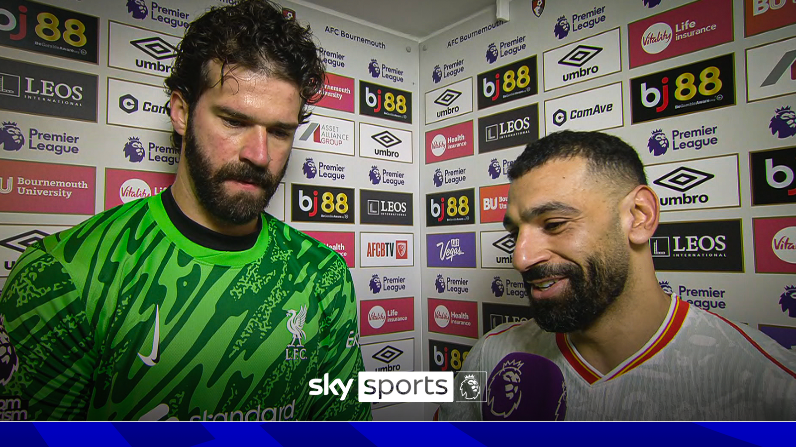 Liverpool duo Alisson and Mohamed Salah react to victory over Bournemouth