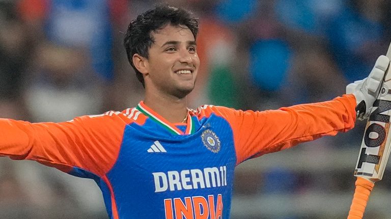 India's Abhishek Sharma after his 37-ball T20I hundred vs England (Associated Press)