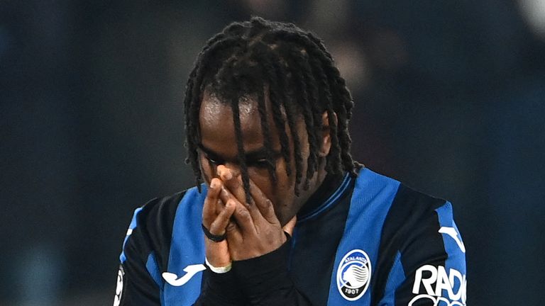 Ademola Likman, Nigerian striker 11, at the end of the UEFA Champions League football match, interacts the second football match between Bruges KV and Atalanta at the De Bergamo Stadium in Bergamo on February 18, 2025.