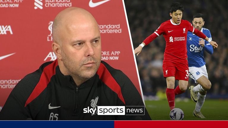 Football: Premier League
Liverpool's Wataru Endo (3) dribbles the ball in a Premier League football match against Everton on April 24, 2024, at Goodison Park in Liverpool, England. (Kyodo via AP Images) ==Kyodo