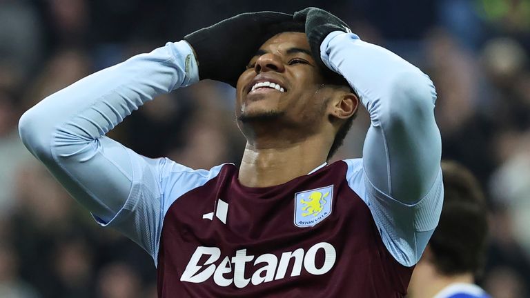 Aston Villa's Marcus Rashford reacts during the English FA Cup fifth round soccer match between Aston Villa and Cardiff City at the Villa Park stadium in Birmingham, England, Friday, Feb. 28, 2025. (AP Photo/Darren Staples)