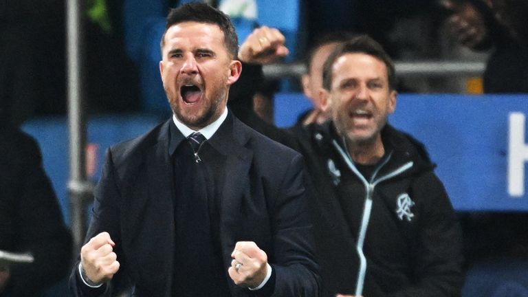 KILMARNOCK, SCOTLAND - FEBRUARY 26: Rangers Interim Head Coach Barry Ferguson  celebrates his side making it 2-2 during a William Hill Premiership match between Kilmarnock and Rangers at the BBSP Stadium Rugby Park, on February 26, 2025, in Kilmarnock, Scotland. (Photo by Rob Casey / SNS Group)