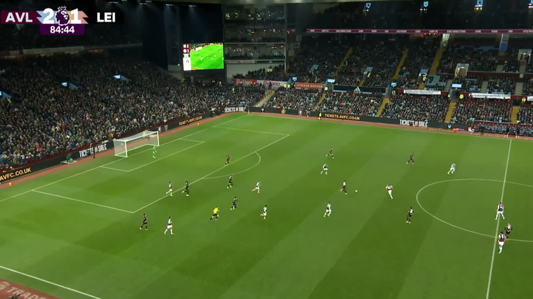 Aston Villa's Boubacar Kamara makes a critical intervention against Leicester to prevent a counterattack