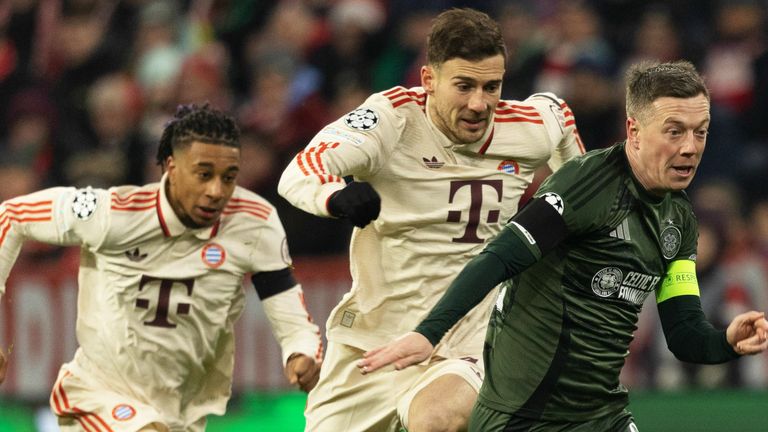 MUNICH, GERMANY - FEBRUARY 18: Celtic's Callum McGregor is chased down by Bayern Munich's Leon Goretzka and Michael Olise during the UEFA Champions League 2024/25 League Knockout Play-off second leg match between FC Bayern Munich and Celtic at the Allianz Arena, on February 18, 2025, in Munich, Germany. (Photo by Craig Foy / SNS Group)