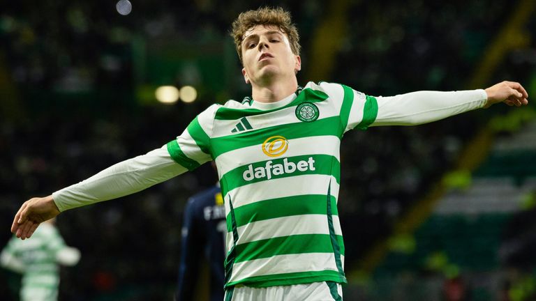 Celtic's Arne Engels celebrates scoring to make it 5-0 during a William Hill Premiership match between Celtic and Dundee at Celtic Park, on February 05, 2025, in Glasgow, Scotland.  (Photo by Craig Foy / SNS Group)