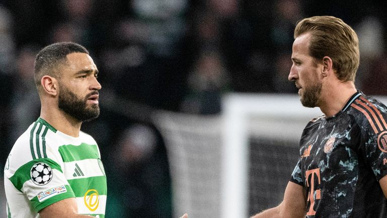 Glasgow, Scotland-12 February: Cameron Carter Vicers (L) from Celtic, and Harry Ken Bayern in Bayern for full-time during the Champions League 2024/25, a final match for the knockout between Celtic and BC Bayern Munich in Celtic Park, in February. 12, 2025, in Glasgow, Scotland. (SNS Group Photography)