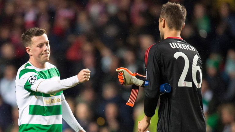 31/10/17 UEFA CHAMPIONS LEAGUE GROUP STAGE .CELTIC v BAYERN MUNICH .CELTIC PARK - GLASGOW.Celtic's Callum McGregor (L) with Bayern Munich's Sven Ulreich at full-time. 