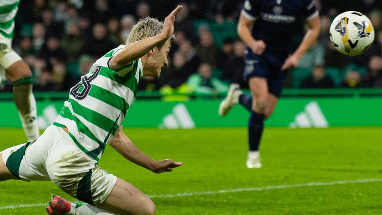 Celtic's Daizen Maeda scores to make it 3-0 during a William Hill Premiership match between Celtic and Dundee at Celtic Park, on February 05, 2025, in Glasgow, Scotland.  (Photo by Craig Foy / SNS Group)